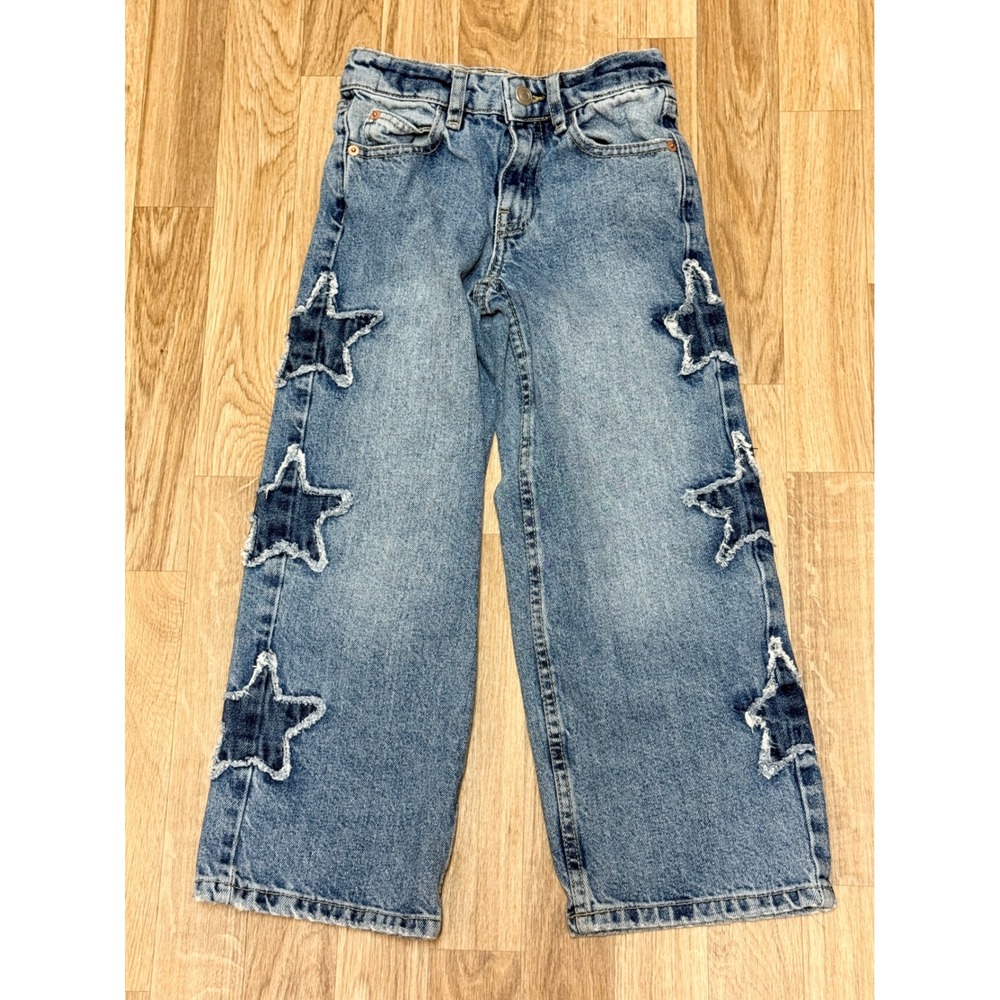 Zara Kids Blue Wide Leg Star Patch Denim Jeans Medium Wash Size 6-7